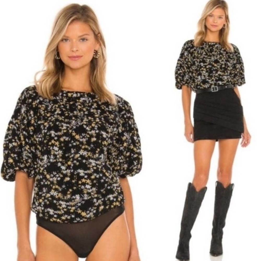 Free People Intimately‎ Bodysuit Floral Puff Sleeve Black Boho Top Womens S